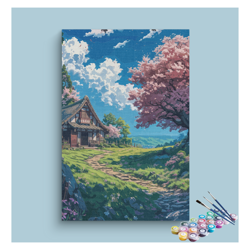 Tranquil Cottage with Blossoms Paint by Numbers Kit
