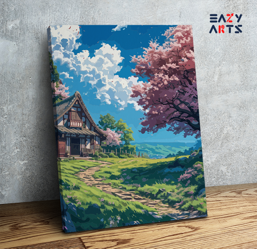 Tranquil Cottage with Blossoms Paint by Numbers Kit