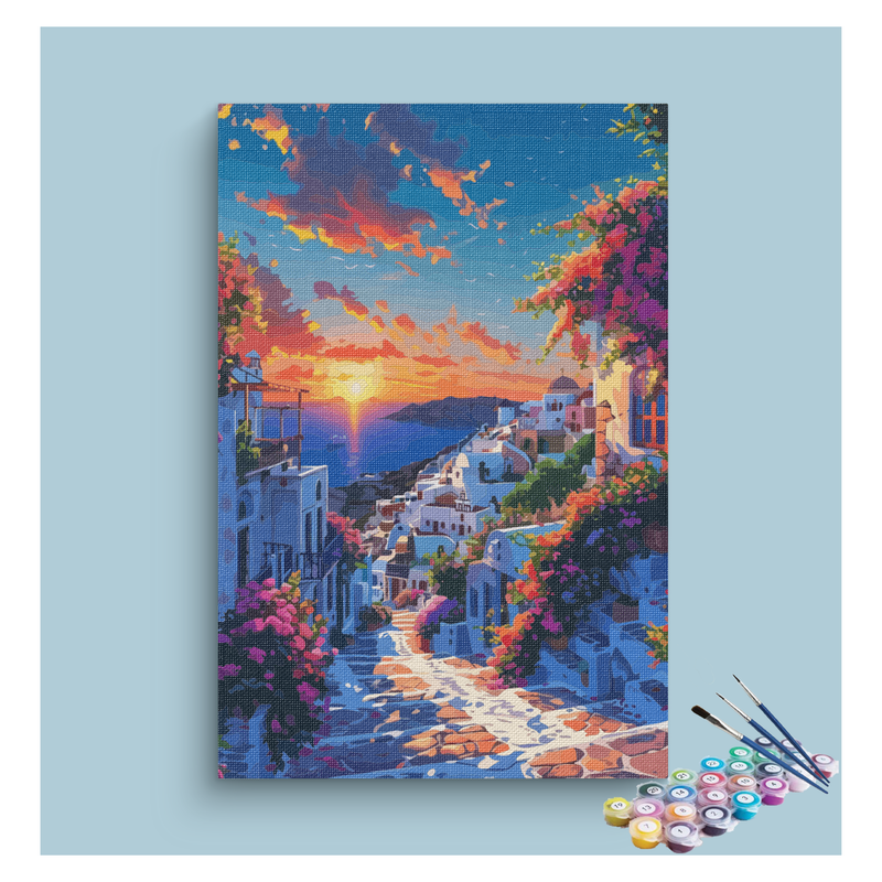 Sunset in Mediterranean Village Landscape Paint by Numbers Kit