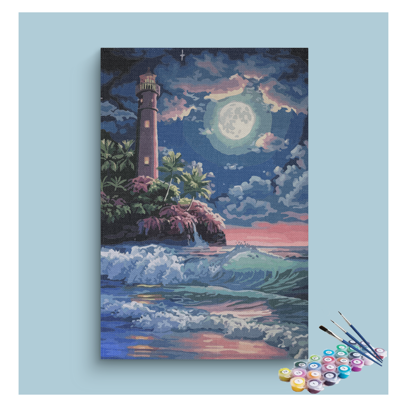 Majestic Lighthouse Under Moonlit Waves Paint by Numbers Kit