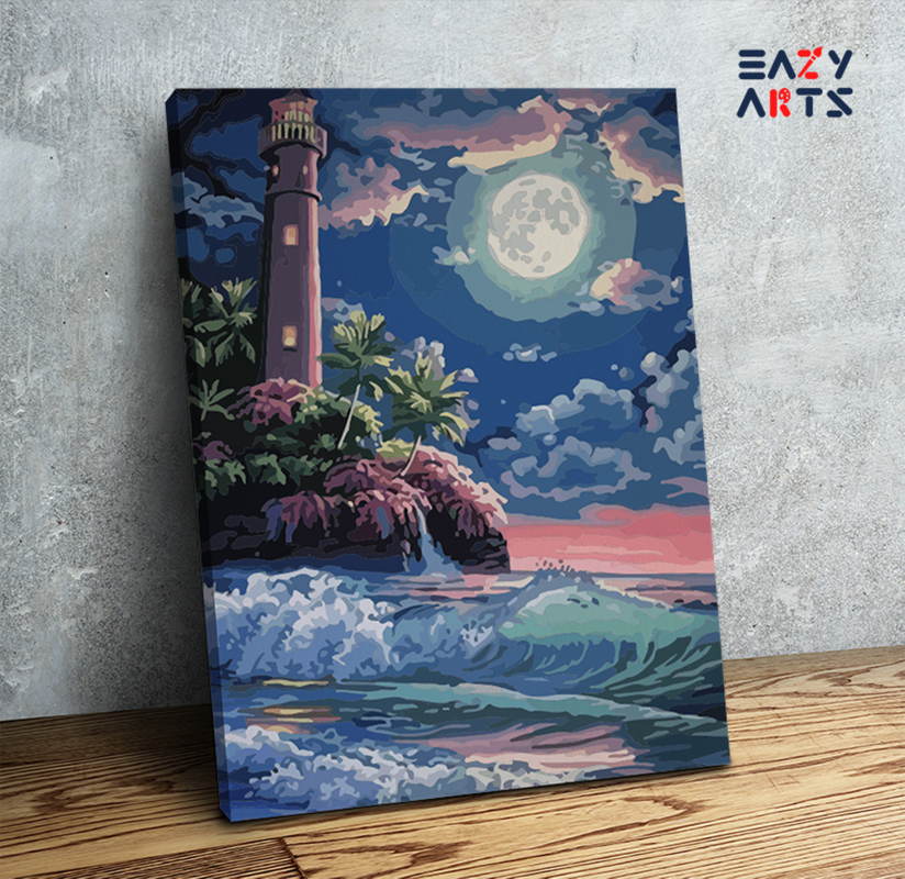 Majestic Lighthouse Under Moonlit Waves Paint by Numbers Kit