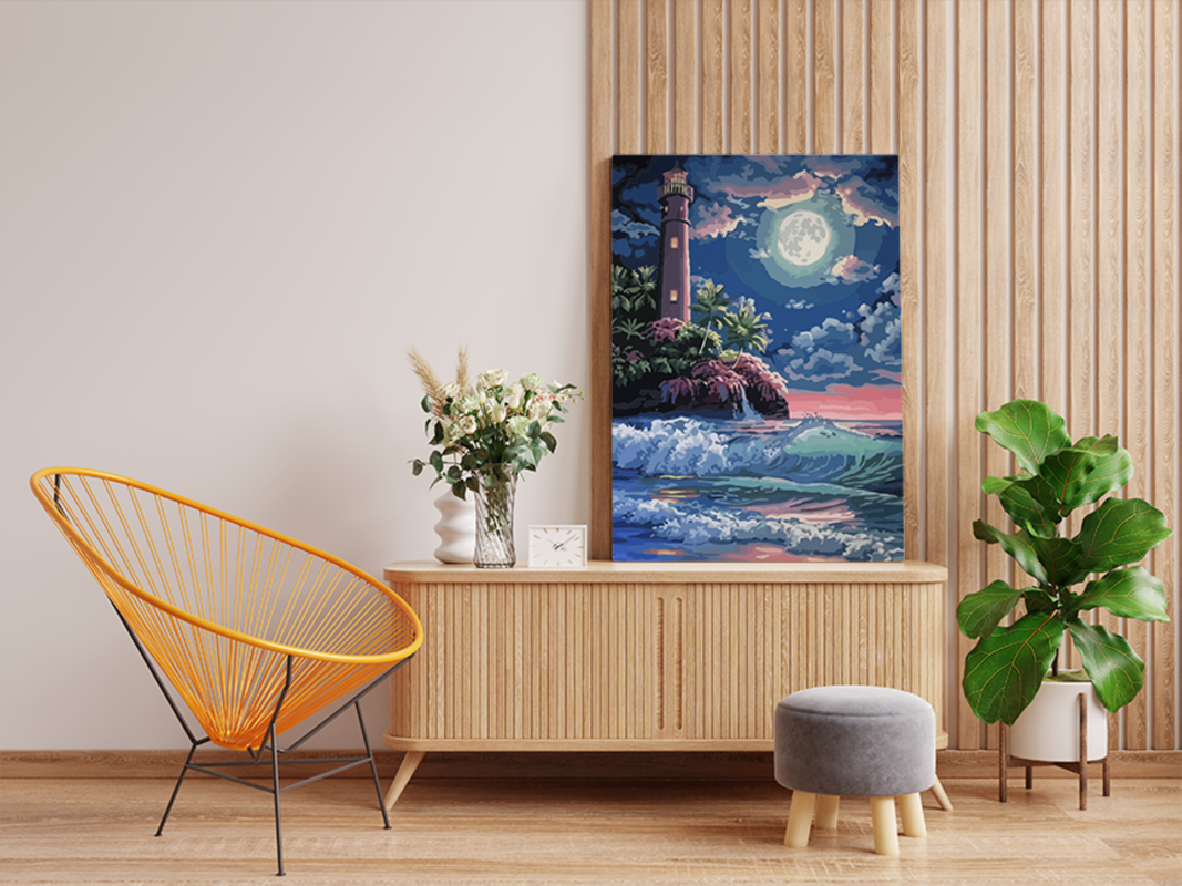 Majestic Lighthouse Under Moonlit Waves Paint by Numbers Kit