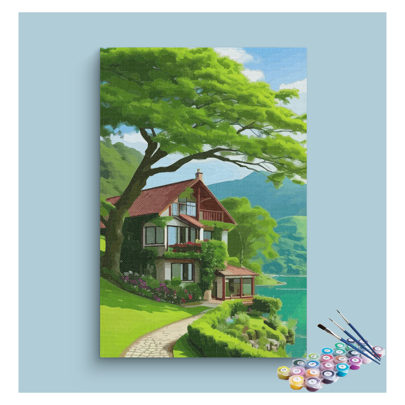 Serene Lakeside Cottage Nature Paint by Numbers Kit