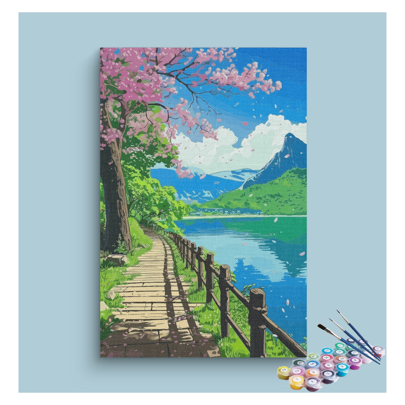 Cherry Blossom Lakeside Path Paint by Numbers Kit