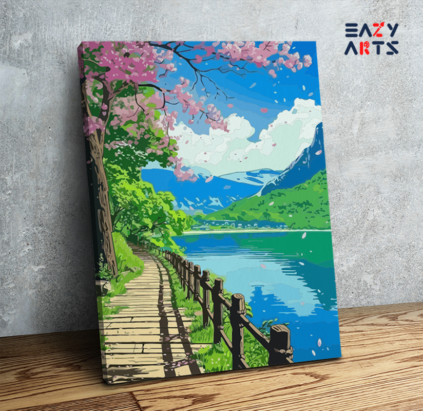 Cherry Blossom Lakeside Path Paint by Numbers Kit