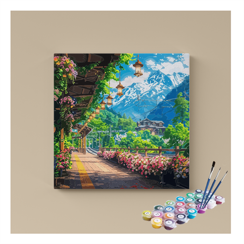 Mountain Floral Train Station Paint by Numbers Kit