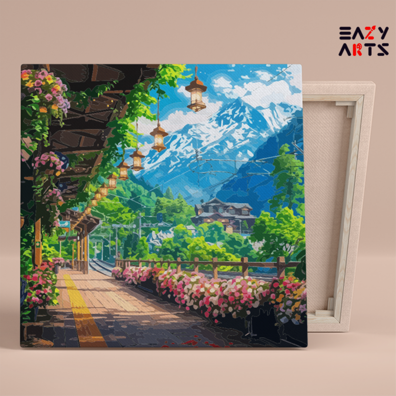 Mountain Floral Train Station Paint by Numbers Kit