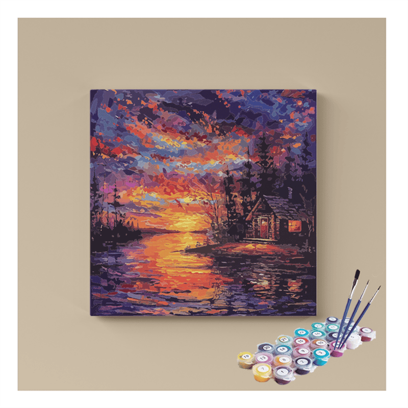 Sunset Cabin by the Lake Paint by Numbers Kit