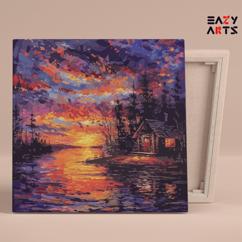 Sunset Cabin by the Lake Paint by Numbers Kit