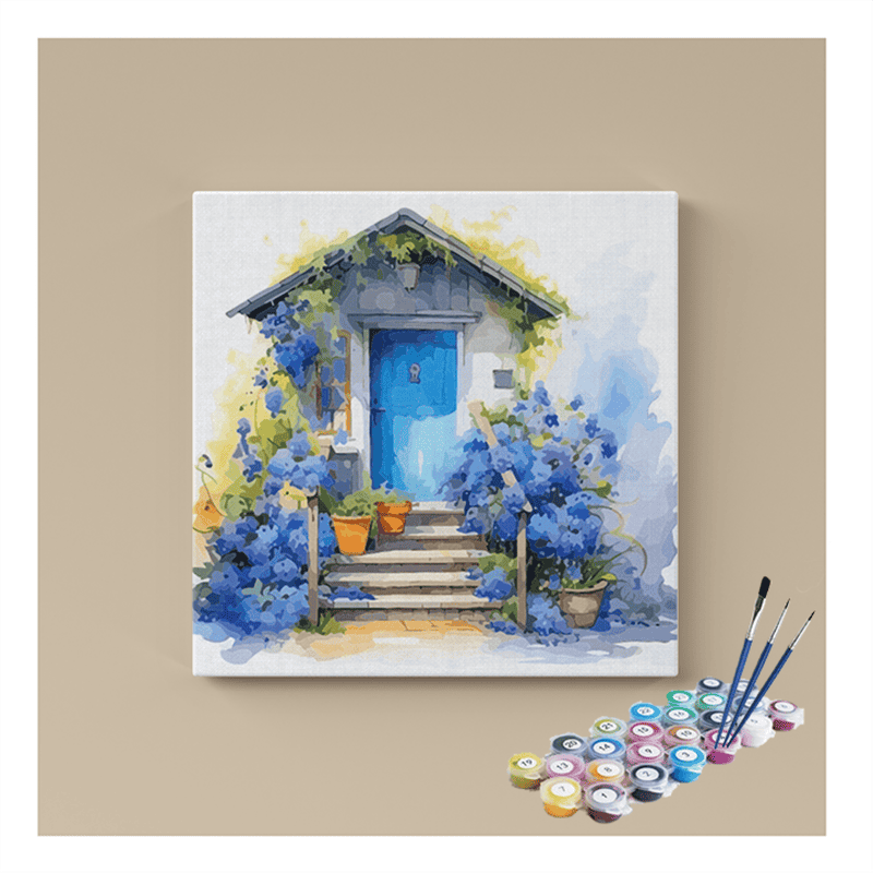 Cottage Garden with Blue Blooms Paint by Numbers Kit