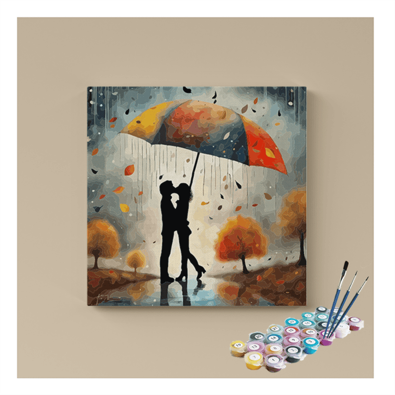 Romantic Kiss Under Umbrella: Autumn Love Paint by Numbers Kit