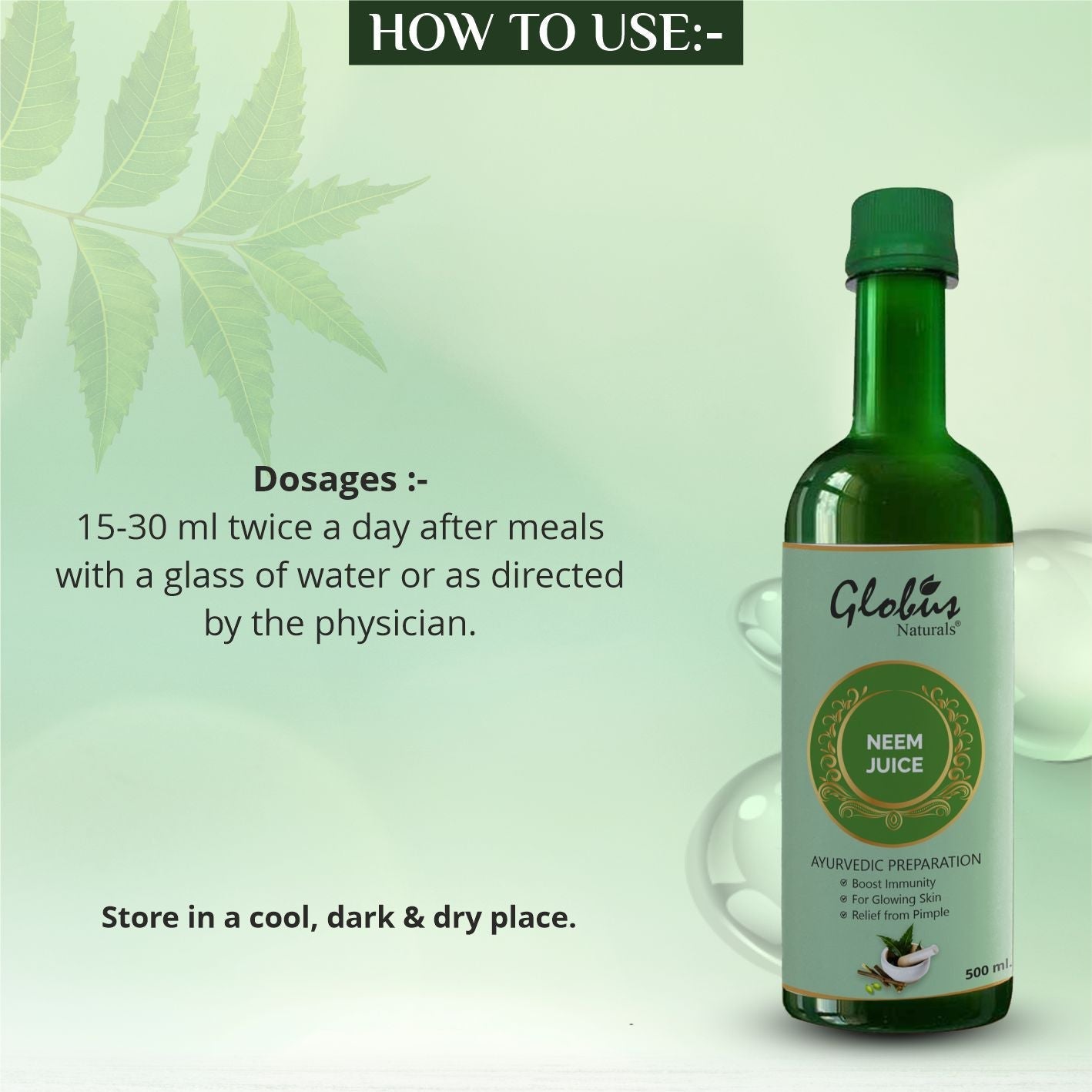 Globus Naturals Neem Juice 100 % Natural Detoxifier - 500 ml
