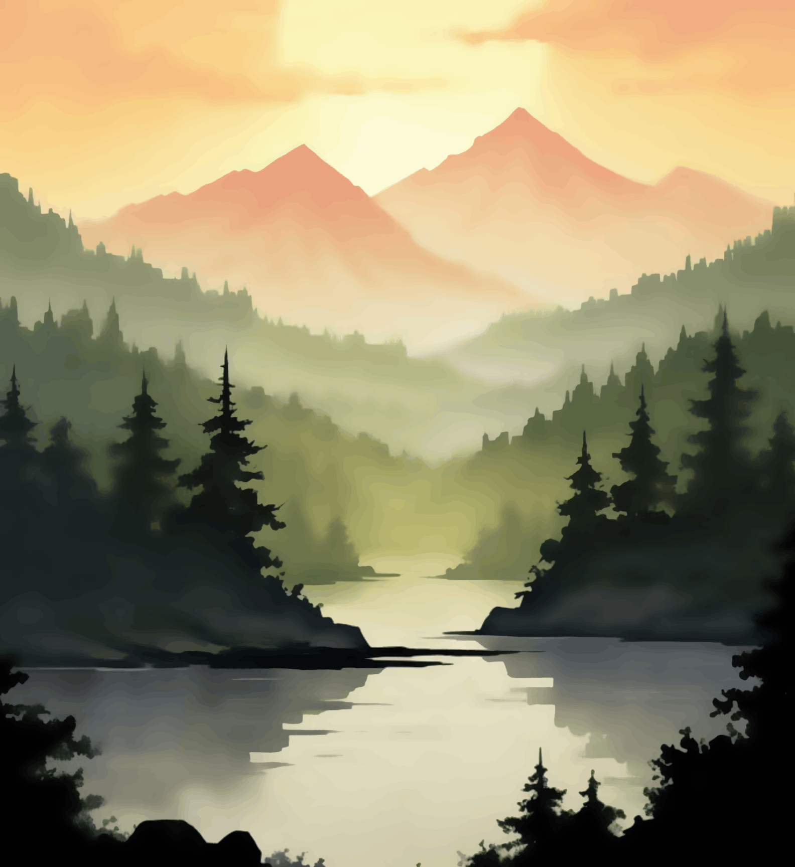 Mountains Sunset with River
