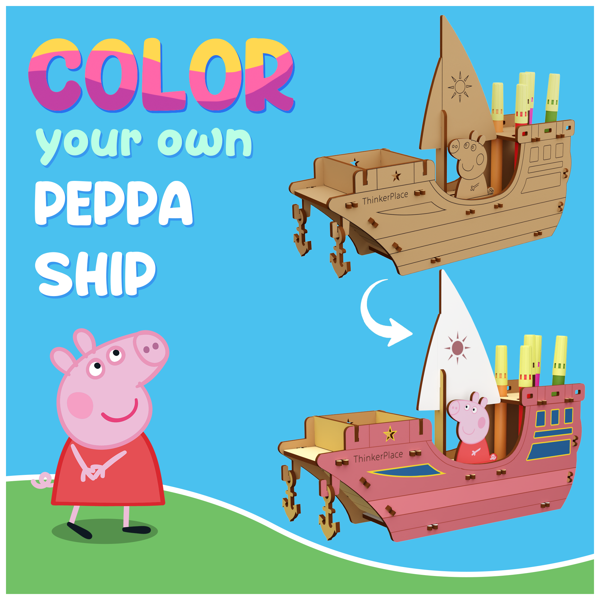 Peppa's DIY Coloring Ship Pen Stand- Learn about Ships