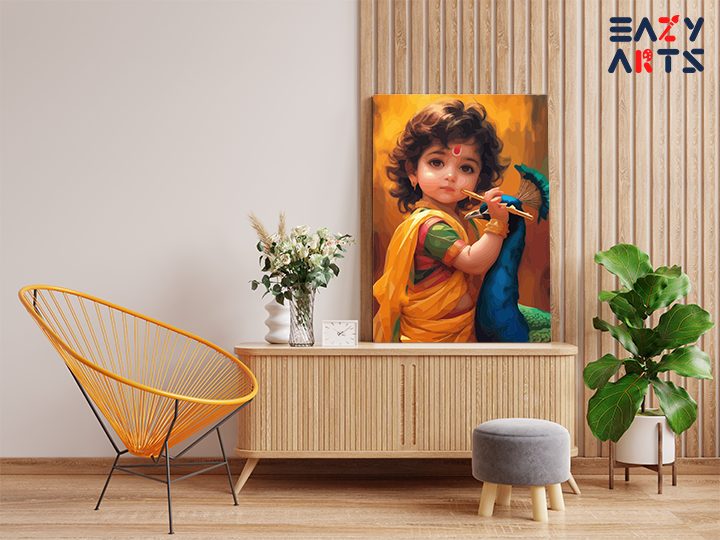 Divine Childhood: Little Krishna with Flute and Peacock Paint by Numbers Kit