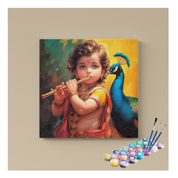 Little Krishna with Flute and Peacock Paint by Numbers Kit