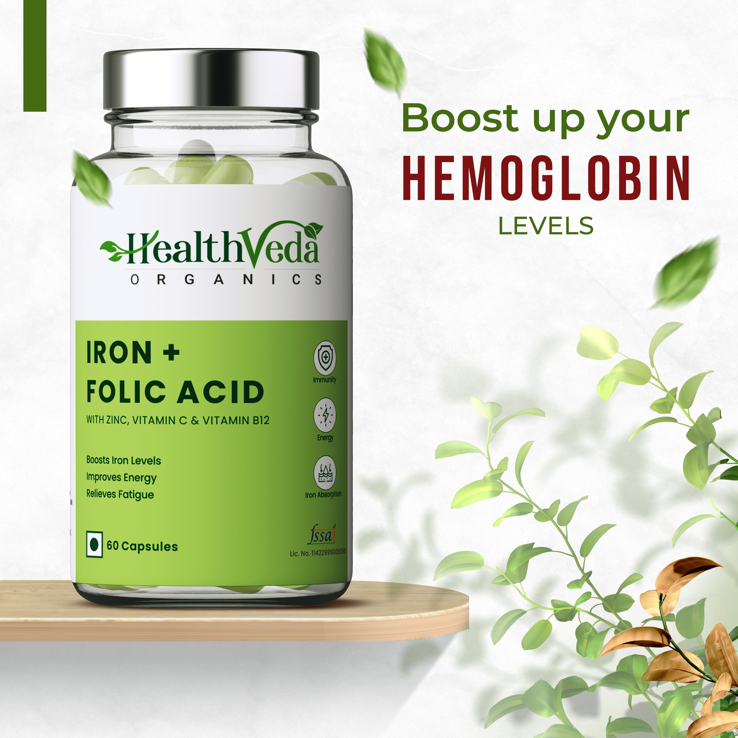 Health Veda Organics Iron + Folic Acid Supplement - 60 tabs