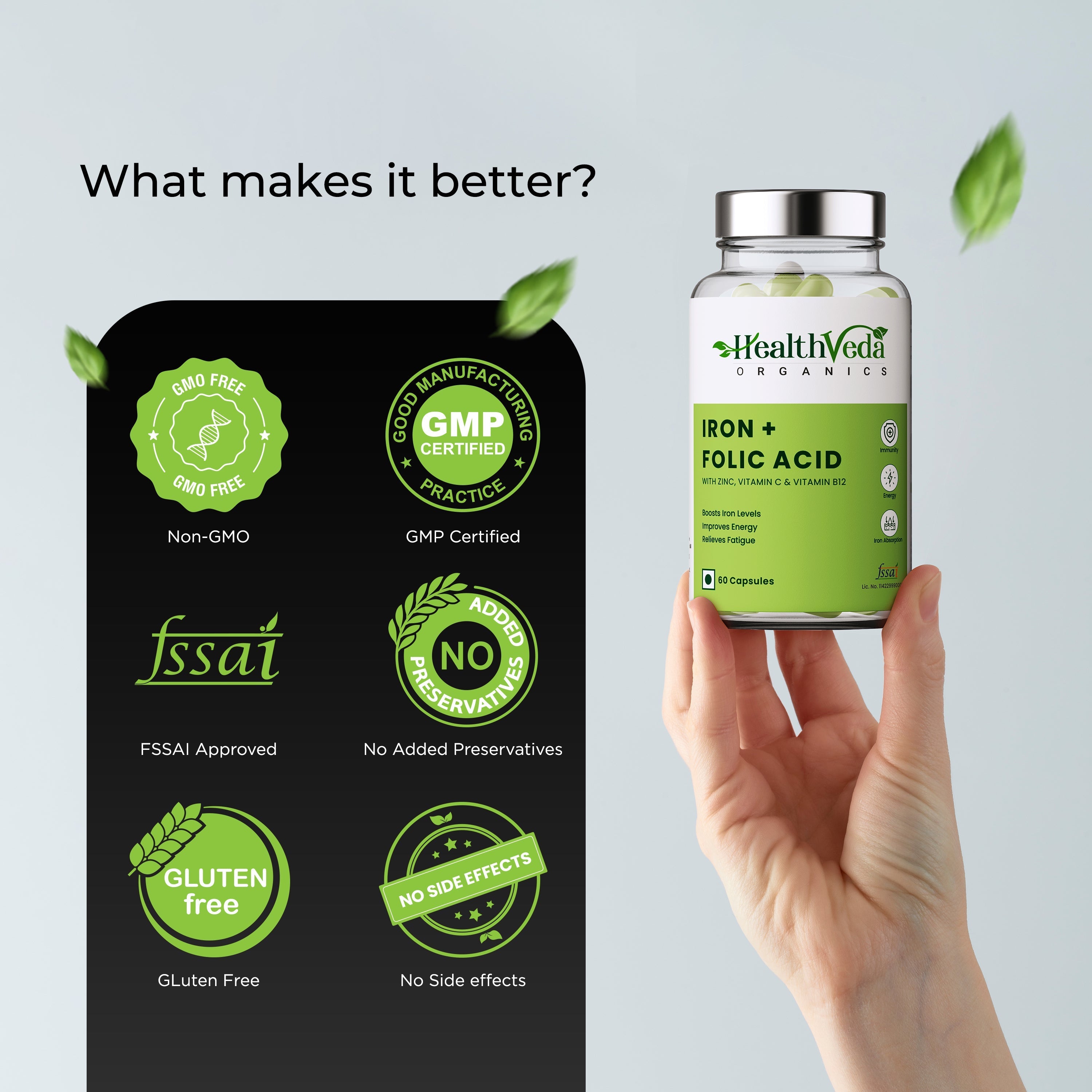 Health Veda Organics Iron + Folic Acid Supplement - 60 tabs