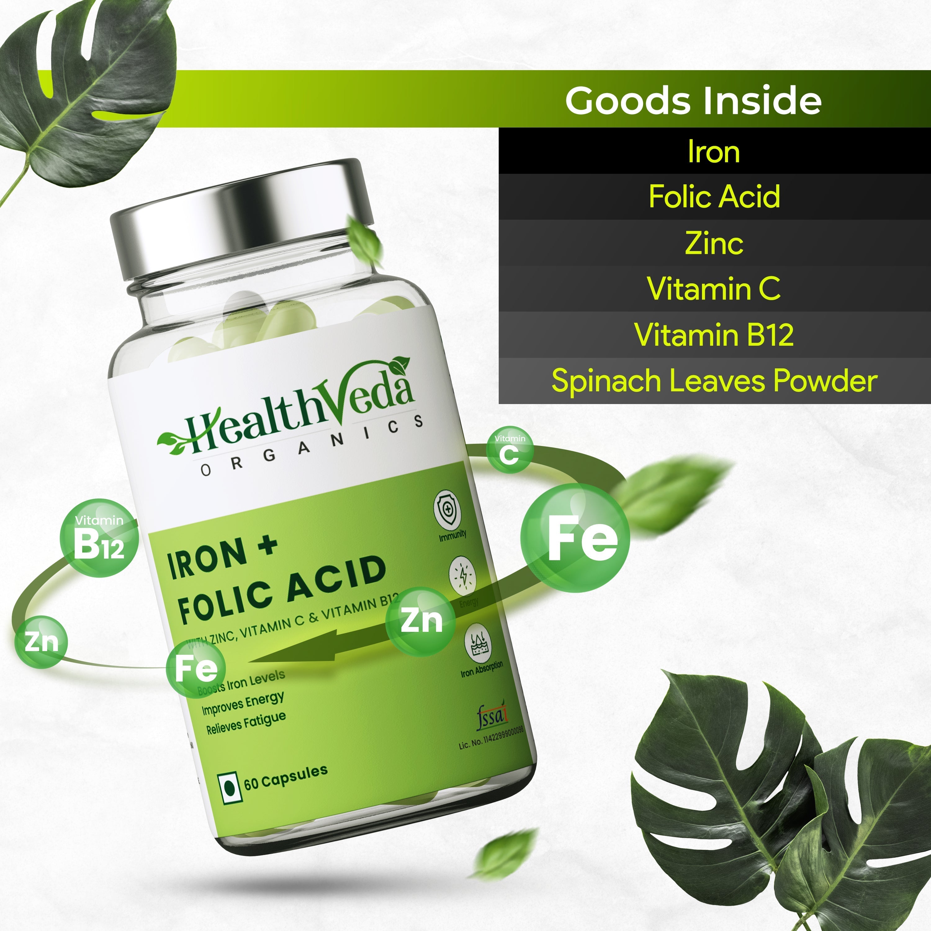 Health Veda Organics Iron + Folic Acid Supplement - 60 tabs