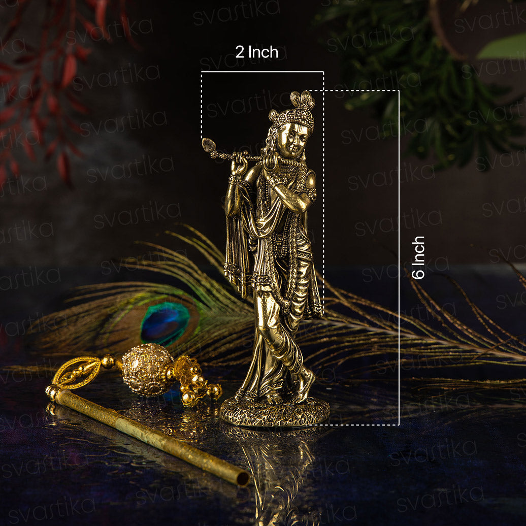 Svastika Brass Standing Krishna idol Playing Flute (6 Inch)