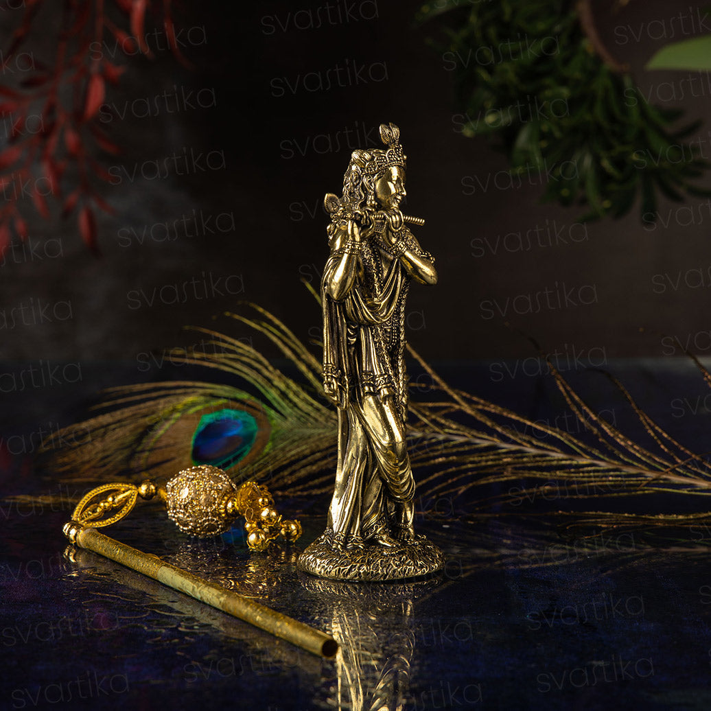 Svastika Brass Standing Krishna idol Playing Flute (6 Inch)