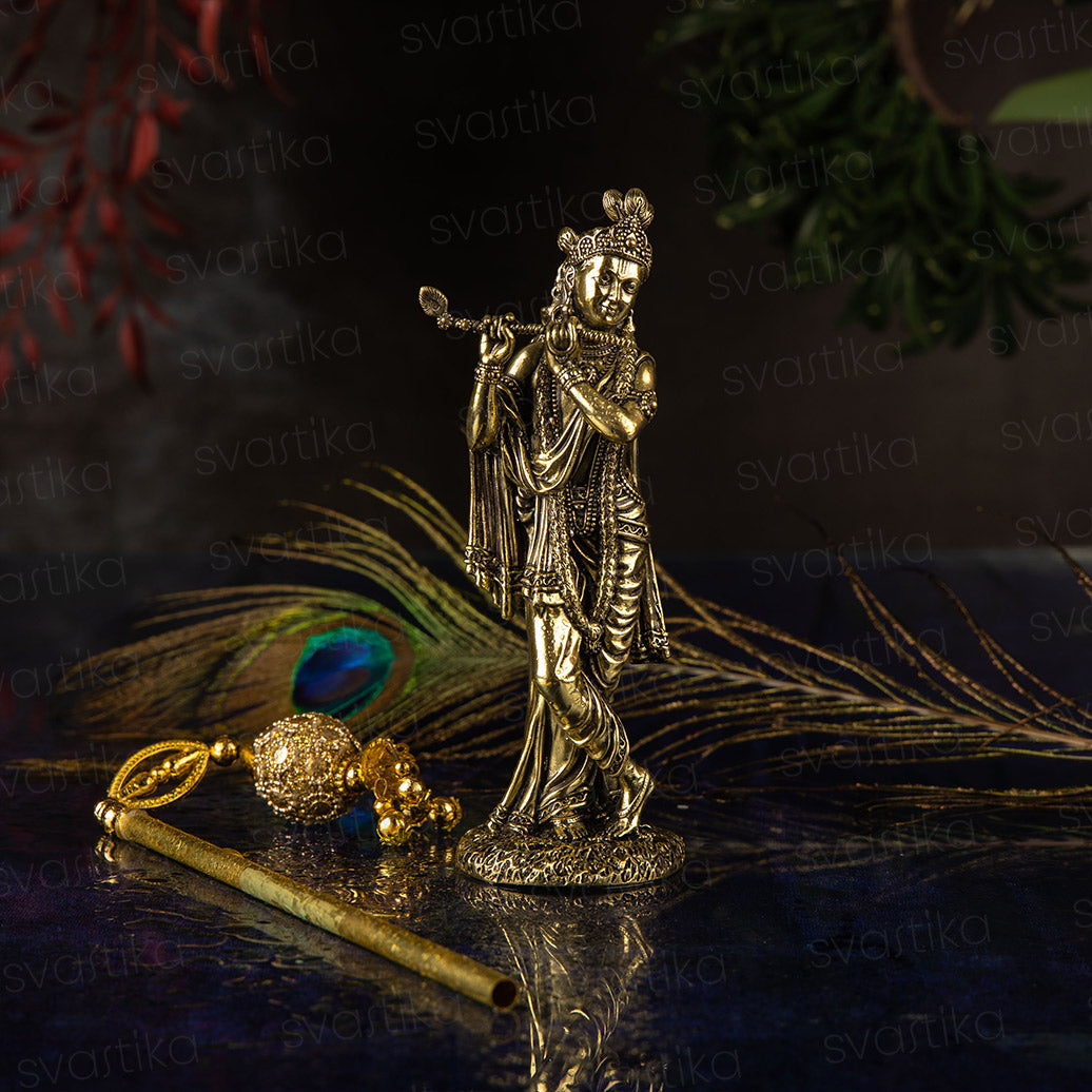 Svastika Brass Standing Krishna idol Playing Flute (6 Inch)