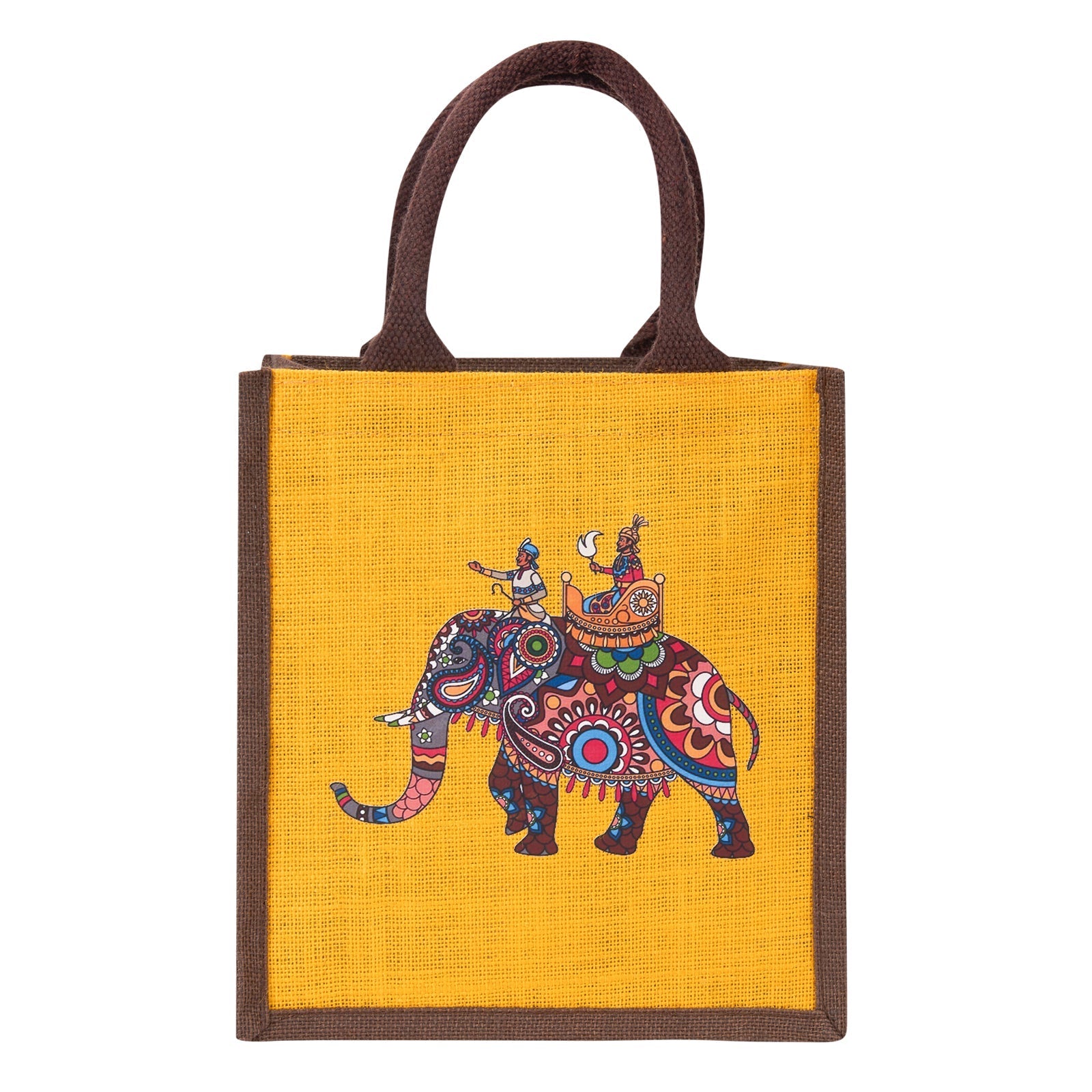 Jute Cottage Ambari Elephant Print Zipper Lunch Bag 100% Genuine Stylish Jute Bag