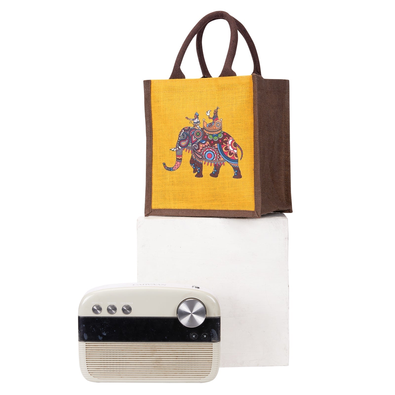 Jute Cottage Ambari Elephant Print Zipper Lunch Bag 100% Genuine Stylish Jute Bag