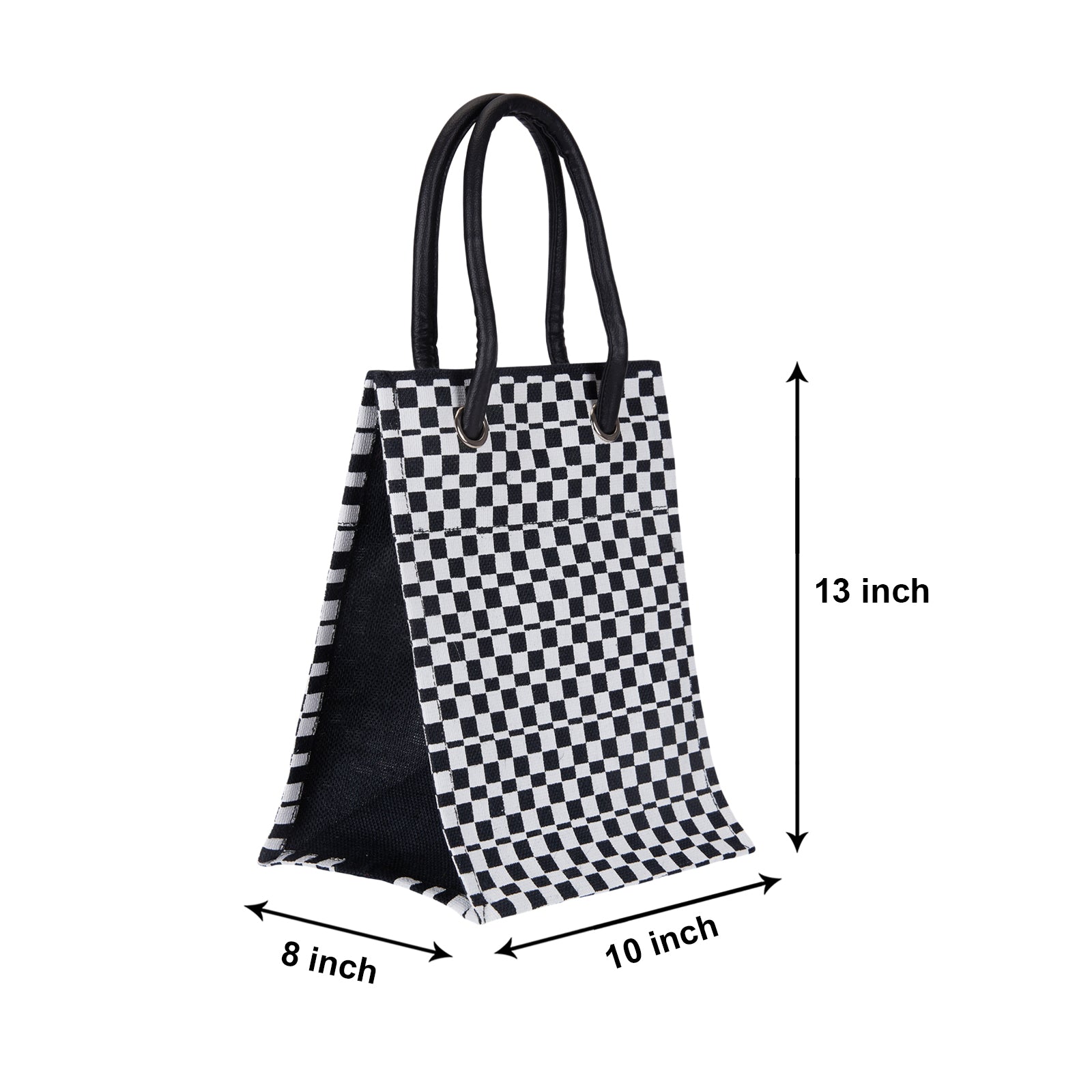 Jute Cottage Check Print Big Eyelet Lunch Bag With Bottom Board 100% Genuine Jute