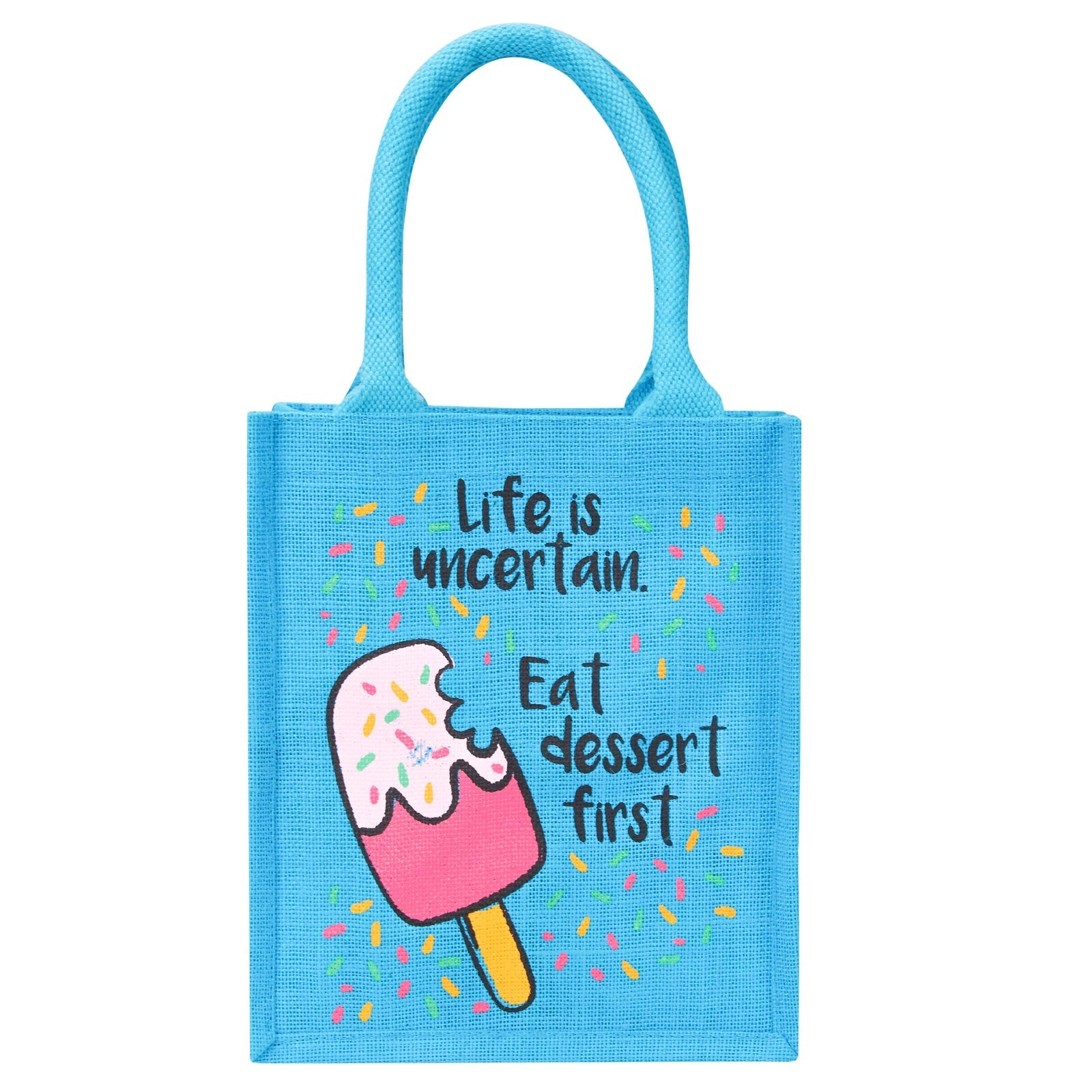 Jute Cottage Life Dessert Print Zipper Lunch Bag 100% Genuine Jute