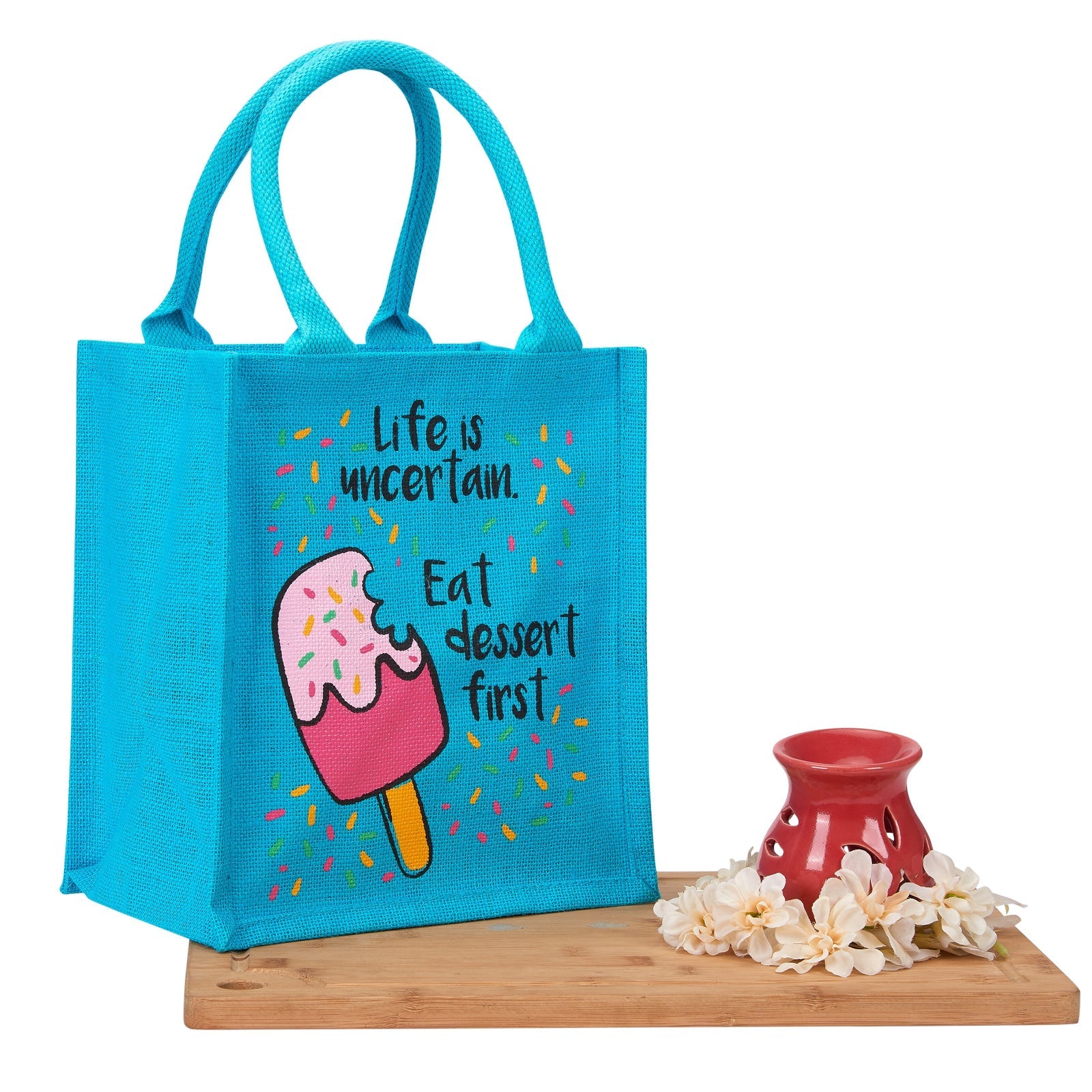 Jute Cottage Life Dessert Print Zipper Lunch Bag 100% Genuine Jute