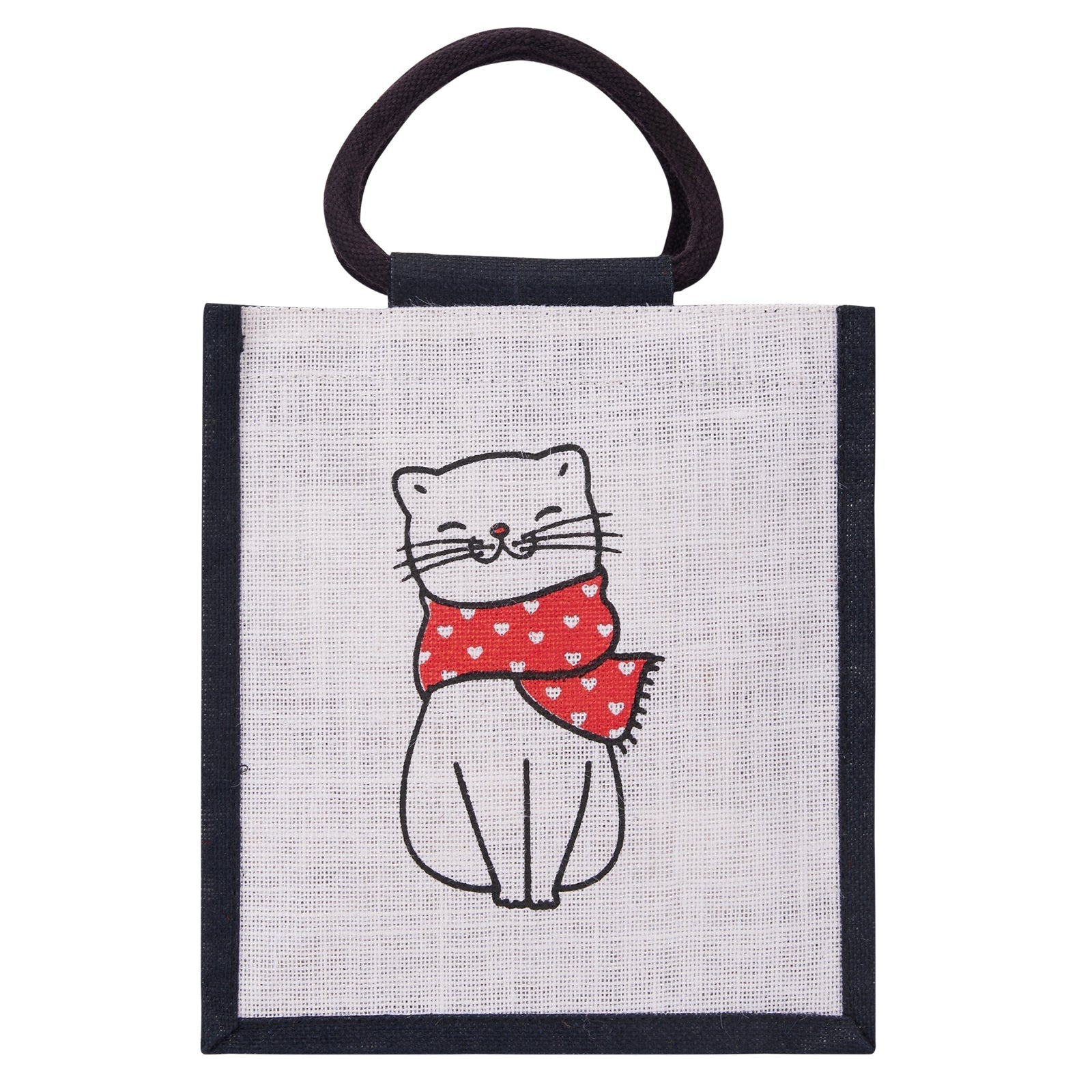 Jute Cottage Cat Print Zipper Lunch Bag 100% Genuine Jute