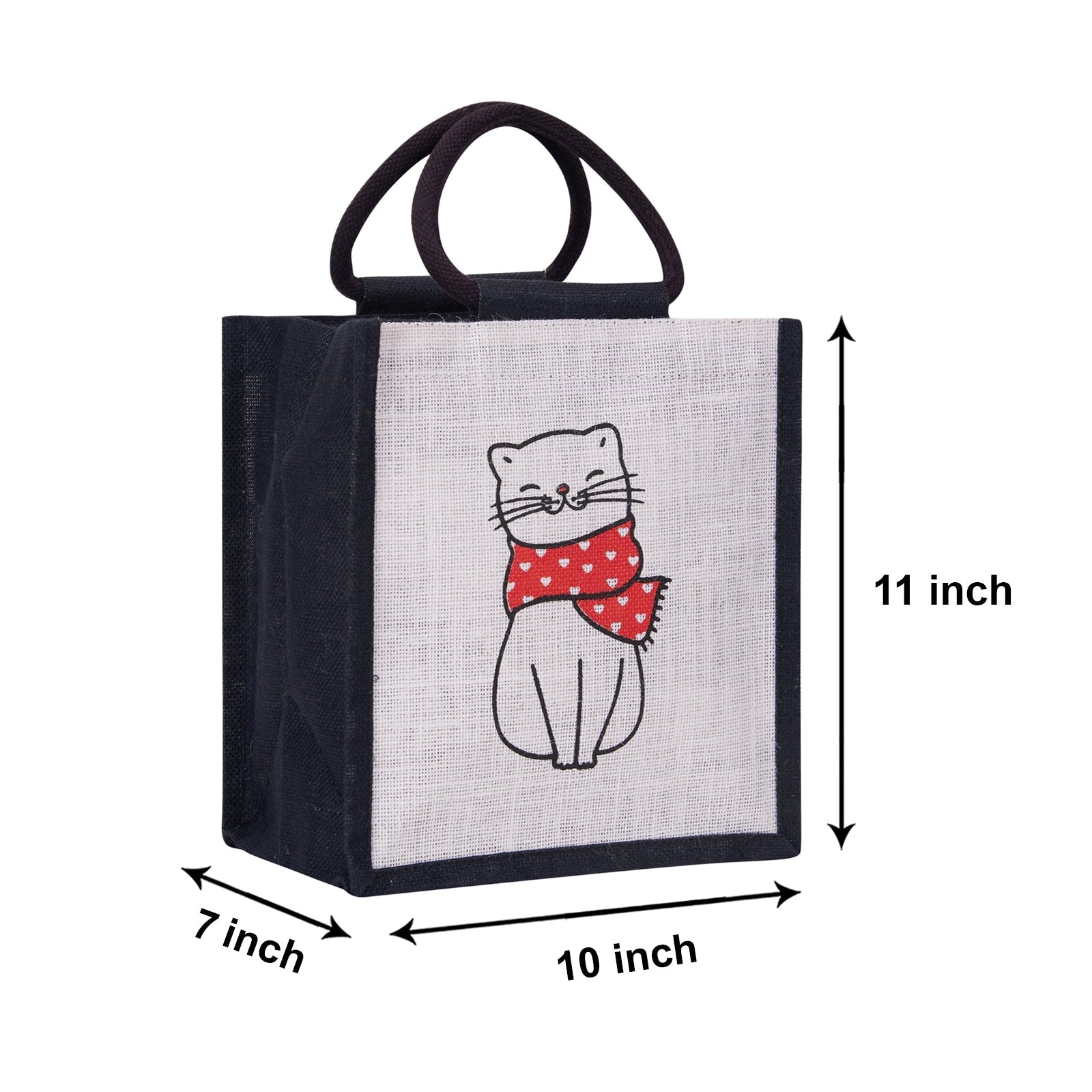 Jute Cottage Cat Print Zipper Lunch Bag 100% Genuine Jute