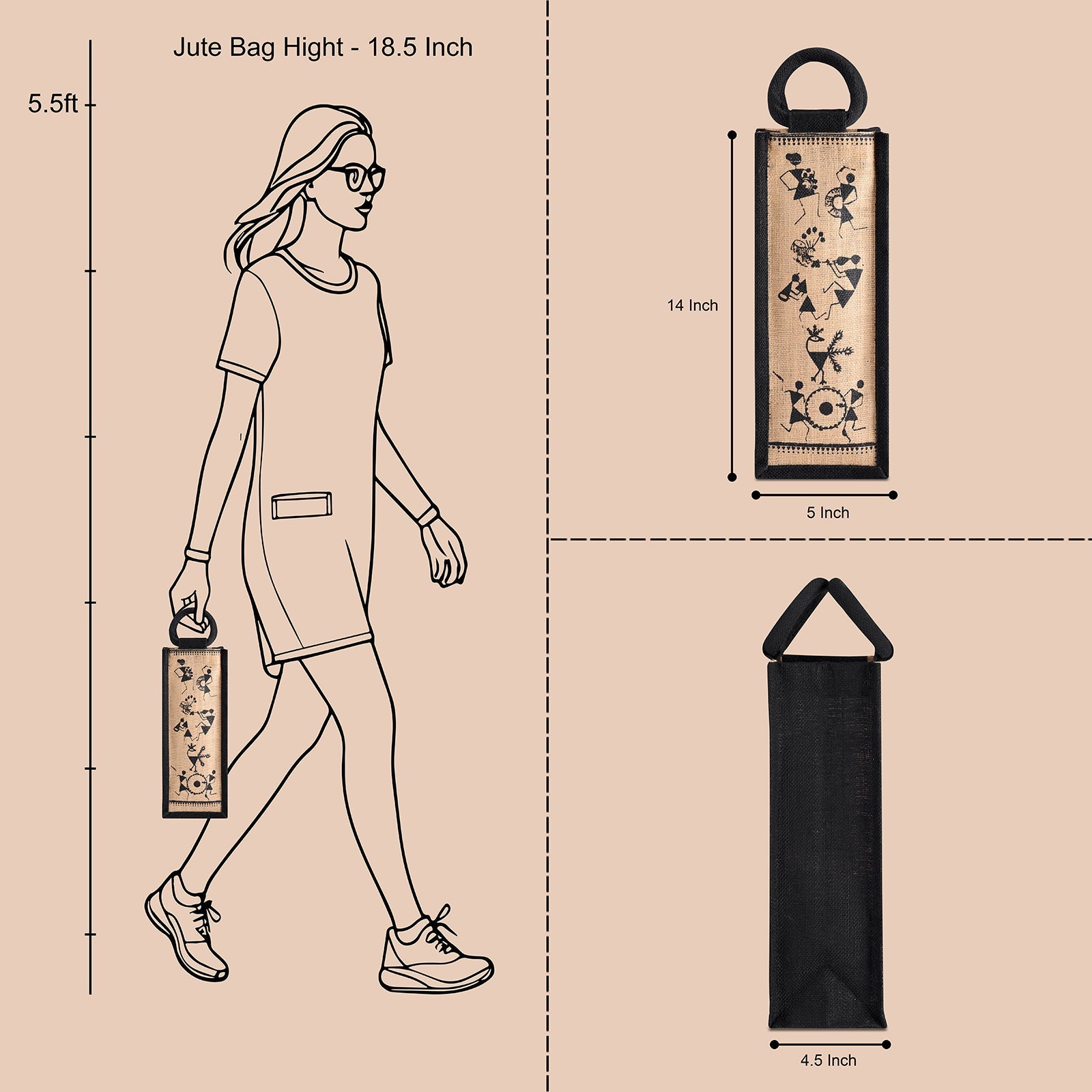 Jute Cottage Bottle Bag Warli Print