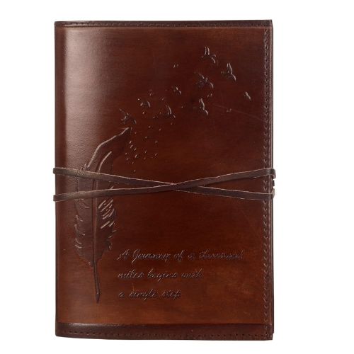 CraftShades – Refillable Leather Diary – Feather with Birds, Leaf of Tree Embossed with Quote 125 GSM Plain 200 Papers Notepad for Men and Women – Size 6 x 8.5 Inch (Leaf Embossed)