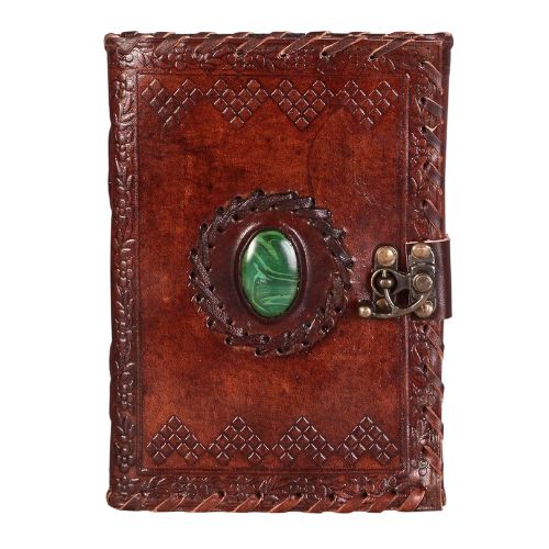 CraftShades – Leather Diary with Antique Green Stone Handmade Leather Bound Diary for Men and Women Unlined 5×7 inches Size 200 Pages Travel Diary with Antique Lock Best Choice of Gift for Raksha Bandhan Day (Green Stone)