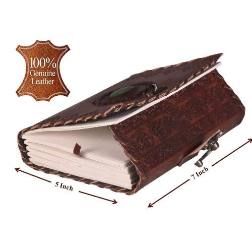 CraftShades – Leather Diary with Antique Green Stone Handmade Leather Bound Diary for Men and Women Unlined 5×7 inches Size 200 Pages Travel Diary with Antique Lock Best Choice of Gift for Raksha Bandhan Day (Green Stone)