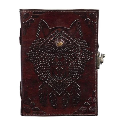 CraftShades- Handmade Leather Diary Embossed with star, journey & double wolf Diary with Antique Lock for Artist Sketchbook, Scrapbook, Drawing, Writing etc .Size 5 * 7 inch (WOLF WITH STONE)