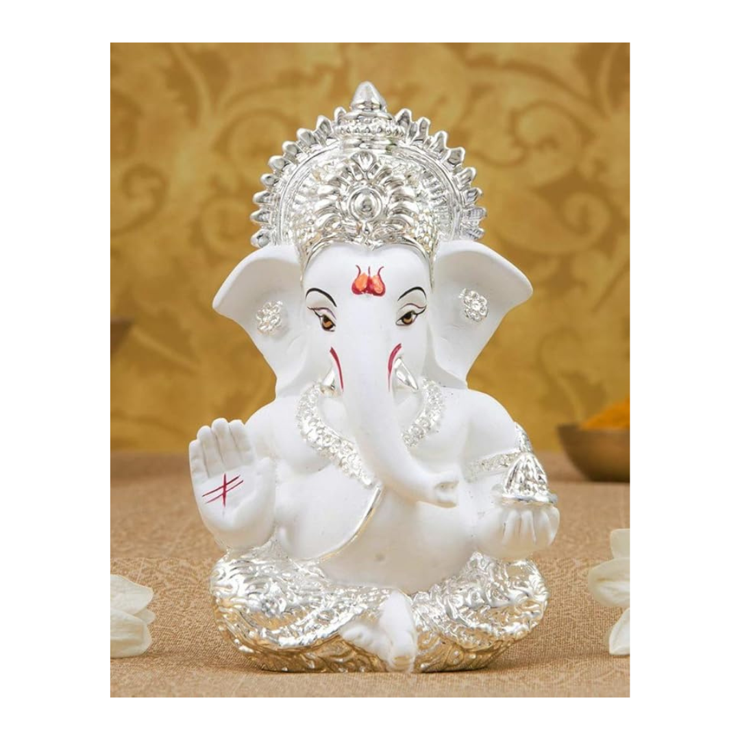 Gold Art India Silver plated White Ganesha for Car Dashboard Home Decor Gifting