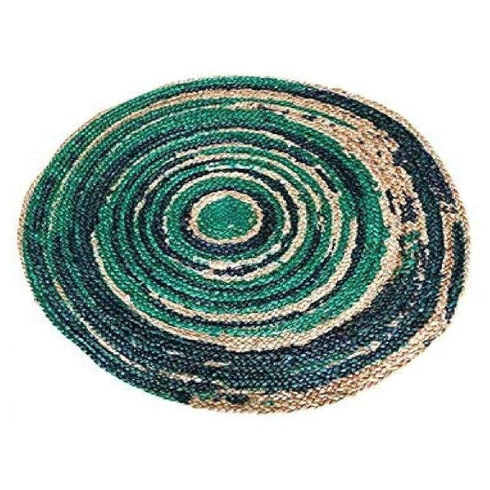 The Home Talk Natural Handcrafted Braided Round Jute Rug Traditional Carpet Blue & Green