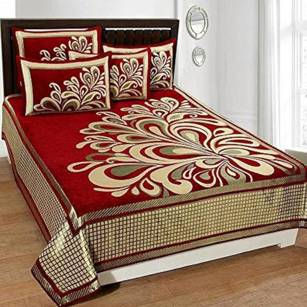 Fresh From Loom Chenille Velvet 500 TC Double Bed King Size Bedsheet with 2 Pillow Cover Rangoli Red