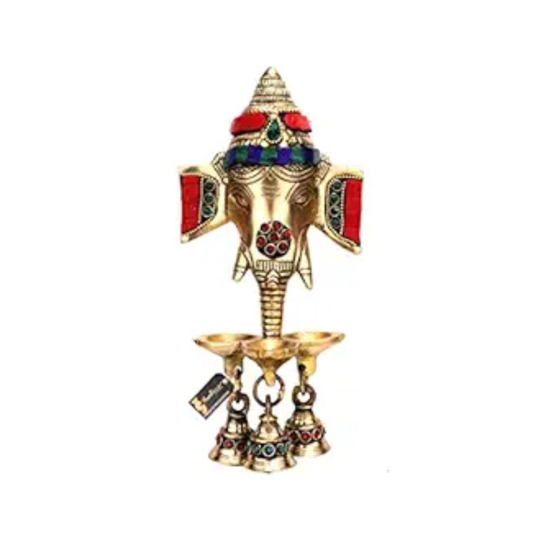 Two Moustaches Gemstone Work Brass Ganesha Wall Hanging Diya with Bells for Home Decor
