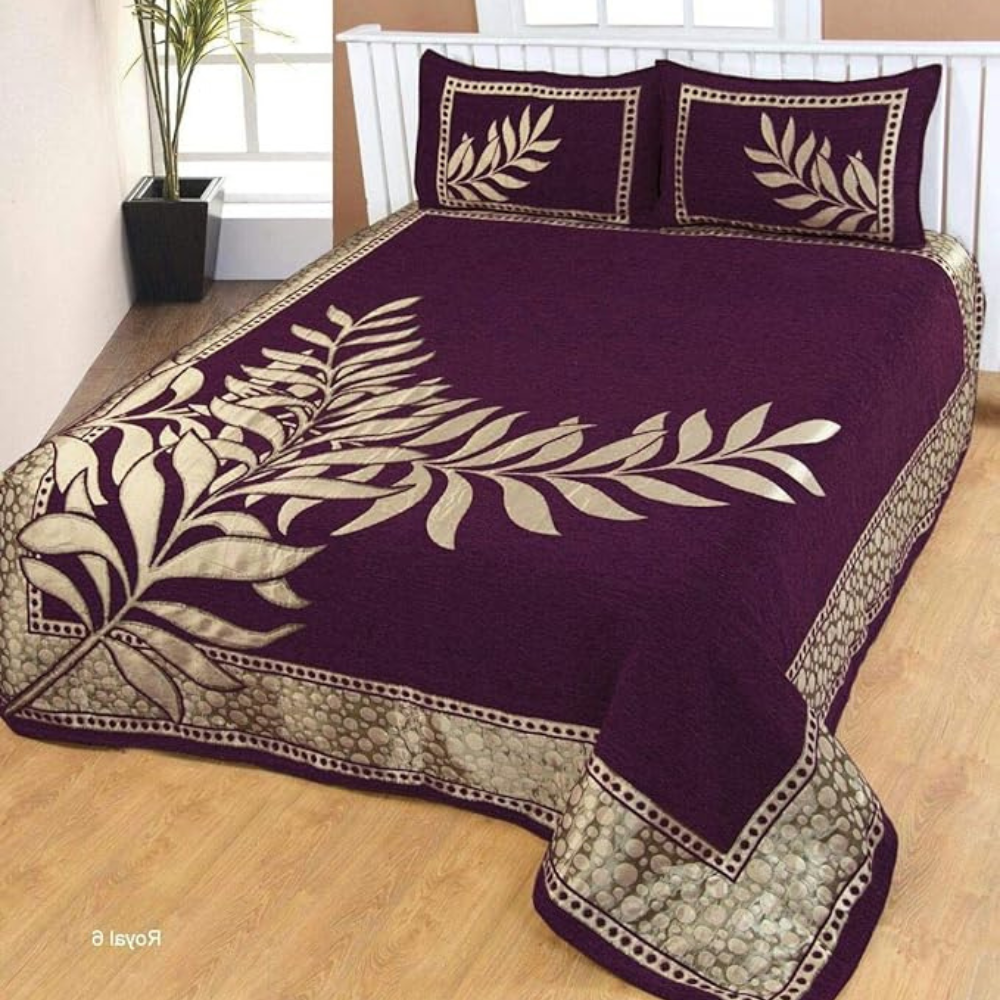 Fresh From Loom Chenille Velvet Floral 500 TC Heavy Bedsheet for Double Bed King Purple Color with 2 Pillow Covers Leaf Purple