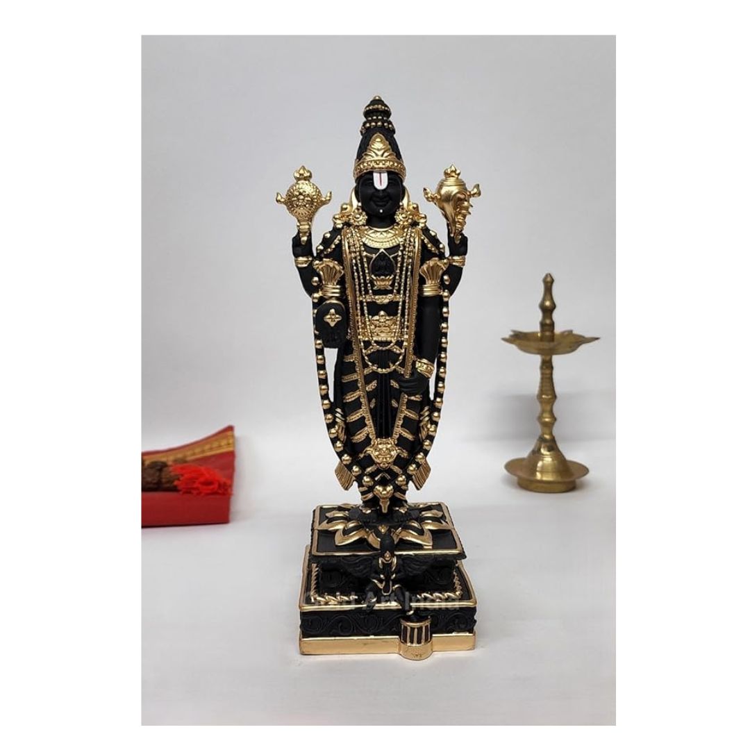 Gold Art India Lord Tirupati Balaji Black Terracotta Idol with Golden Color Work