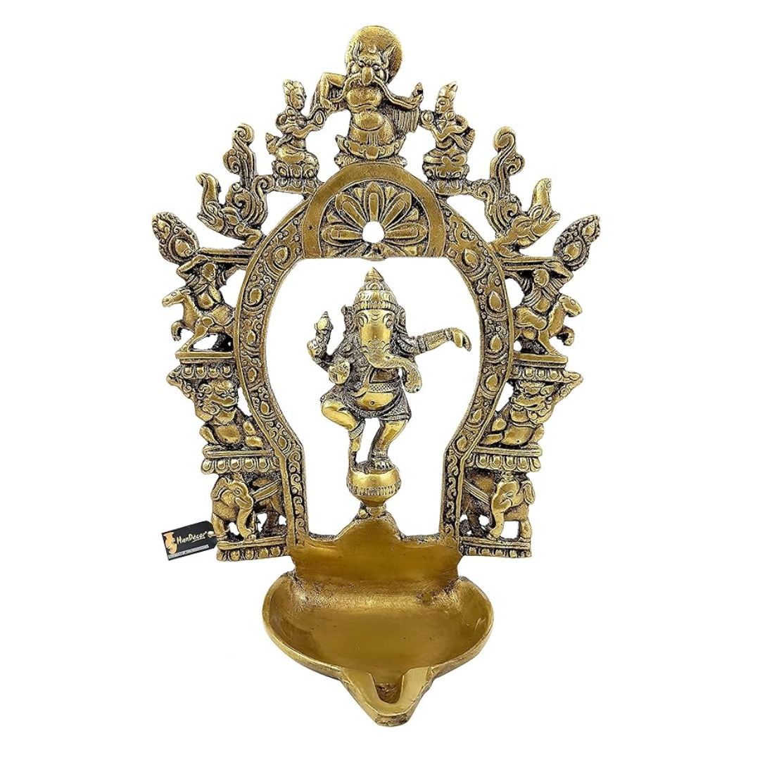 Two Moustaches Brass Ethnic Indian Carving Dancing Ganesha Design Diya with Prabhavali Frame