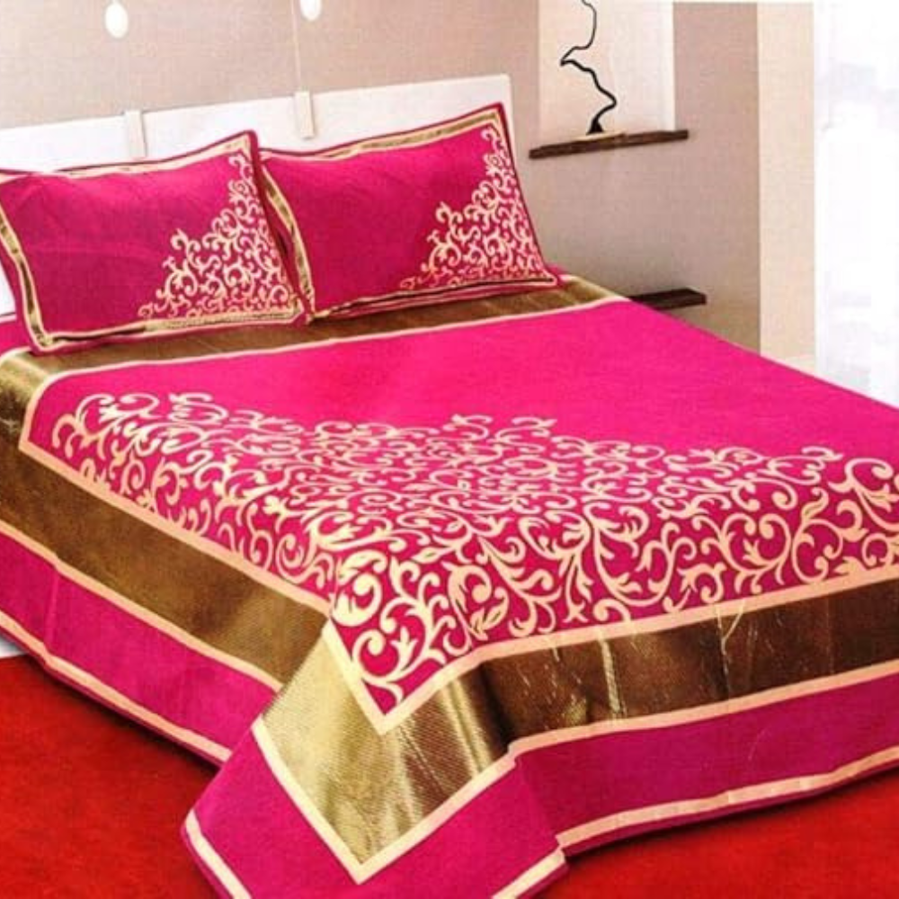 Fresh From Loom Chenille Velvet Abstract 500 TC Heavy Bedsheet for Double Bed King Pink Color with 2 Pillow Covers Half Trangle Pink