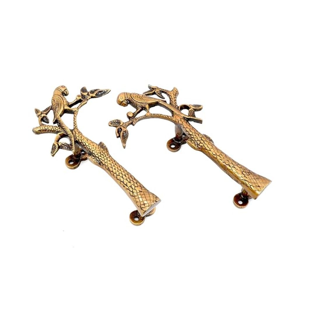 Two Moustaches Brass Parrot on Tree Design 8 Inches Brass Door Handle Pair