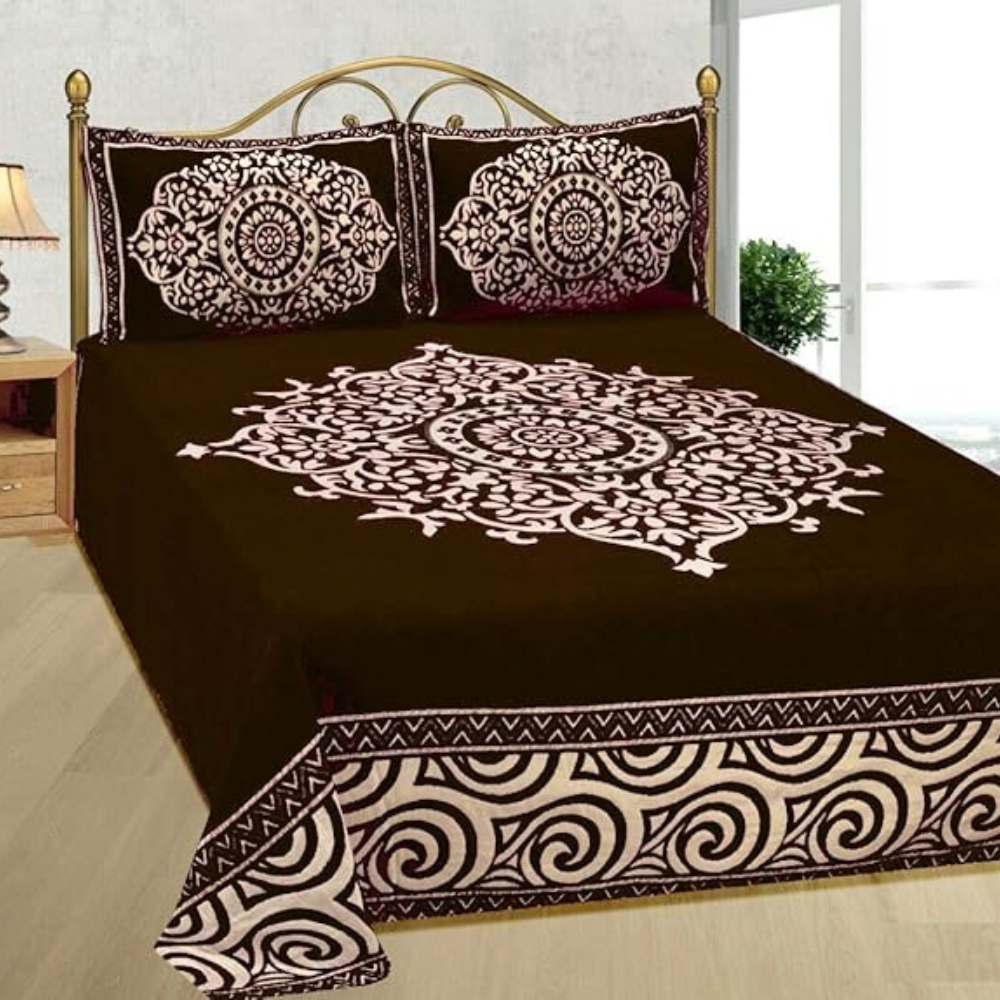 Fresh From Loom Chenille Velvet Floral 500 TC Heavy Bedsheet for Double Bed King Coffee Color with 2 Pillow Covers Ambi Brown