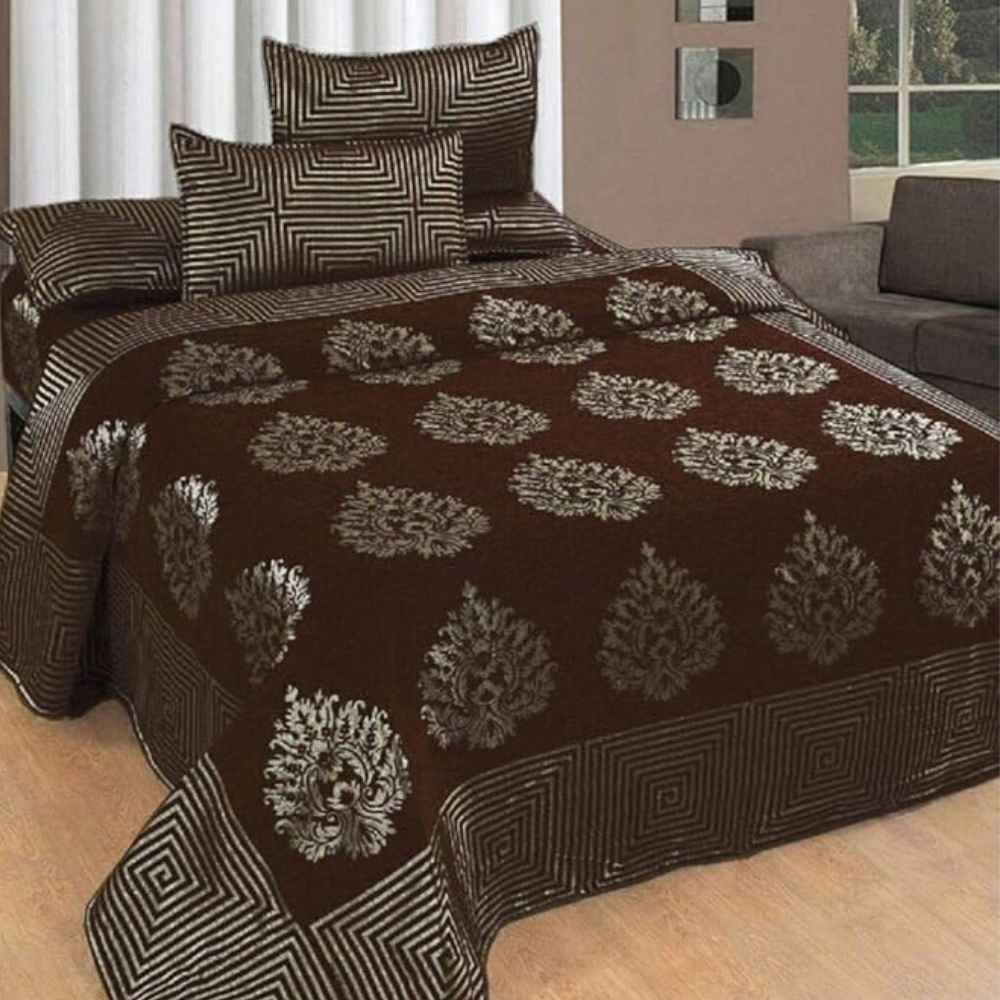 Fresh From Loom Chenille Velvet 500 TC Double Bed King Size Bedsheet with 2 Pillow Cover Jhumka Coffee