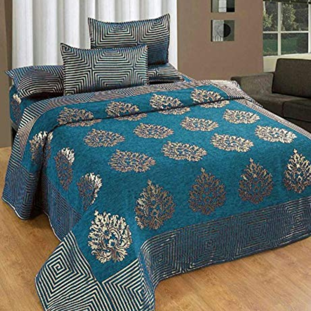 Fresh From Loom Chenille Velvet 500 TC Double Bed King Size Bedsheet Cum Bed Spread with 2 Pillow Covers Jhumka Skyblue